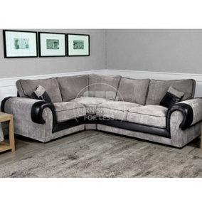 Large Portland Black and Grey Fabric and Leather 4 Seater L Shaped Corner Sofa Roll Arm Fullback Left Hand Facing