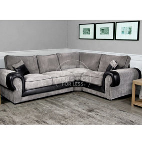 Large Portland Black and Grey Fabric and Leather 4 Seater L Shaped Corner Sofa Roll Arm Fullback Right Hand Facing