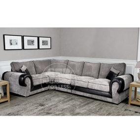 Large Portland Black and Grey Fabric and Leather Long 5 Seater L Shaped Corner Sofa  Roll Arm Fullback Left Hand Facing