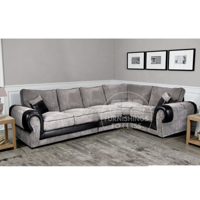 Large Portland Black and Grey Fabric and Leather Long 5 Seater L Shaped Corner Sofa  Roll Arm Fullback Right Hand Facing