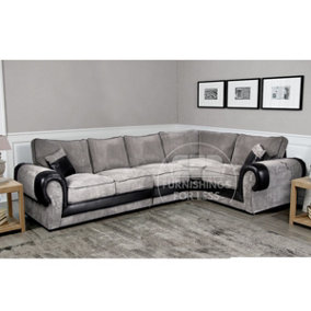 Large Portland Black and Grey Fabric and Leather Long 5 Seater L Shaped Corner Sofa  Roll Arm Fullback Right Hand Facing