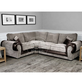 Large Portland Brown and Beige Fabric and Leather 4 Seater L Shaped Corner Sofa Roll Arm Fullback Left Hand Facing