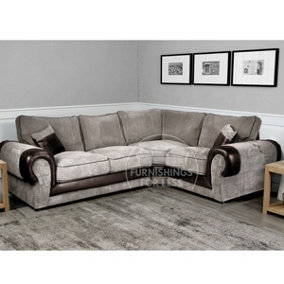 Large Portland Brown and Beige Fabric and Leather 4 Seater L Shaped Corner Sofa Roll Arm Fullback Right Hand Facing