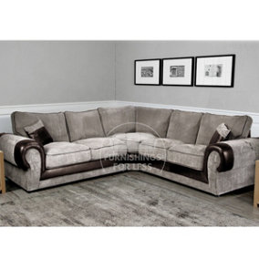 Large Portland  Brown and Beige Fabric and Leather 5 Seater L Shaped Corner Sofa Range Roll Arm Fullback