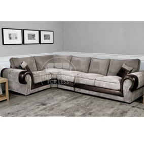 Large Portland Brown and Beige Fabric and Leather Long 5 Seater L Shaped Corner Sofa  Roll Arm Fullback Left Hand Facing