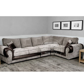 Large Portland Brown and Beige Fabric and Leather Long 5 Seater L Shaped Corner Sofa  Roll Arm Fullback Right Hand Facing