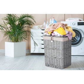 Large Premium Grey Paint Wicker Laundry Basket Cotton Lining With Lid Bathroom Storage Basket