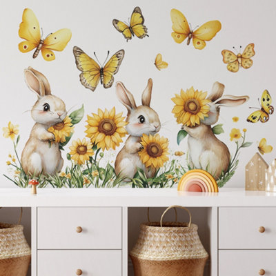 Large Rabbit and Sunflower Wall Stickers, Garden Flower, Butterfly and ...