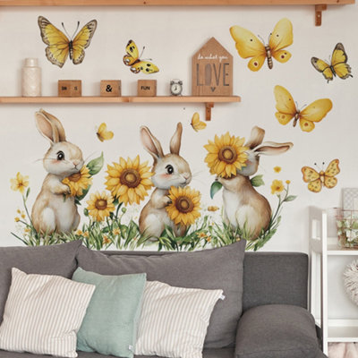 Large Rabbit and Sunflower Wall Stickers, Garden Flower, Butterfly and ...