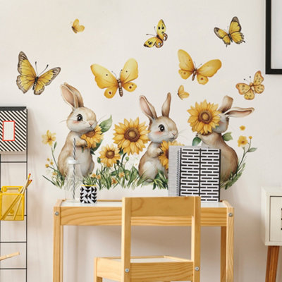 Large Rabbit and Sunflower Wall Stickers, Garden Flower, Butterfly and ...