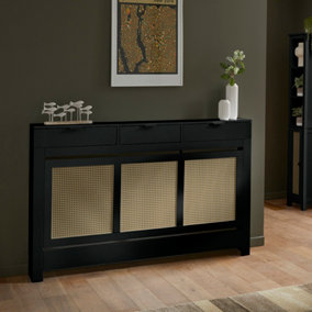 Large Radiator Cover with Drawers and Rattan Panels in Black