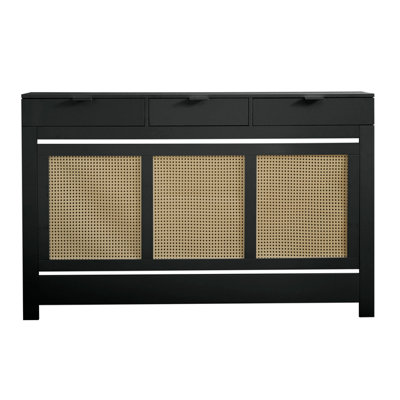 Large Radiator Cover with Drawers and Rattan Panels in Black - 3