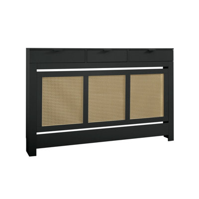 Large Radiator Cover with Drawers and Rattan Panels in Black - 4