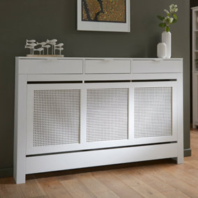 Large Radiator Cover with Drawers and Rattan Panels in White