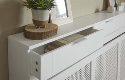 Large Radiator Cover with Drawers and Rattan Panels in White