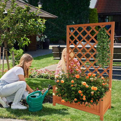 Large Rectangular Wooden Planter with Liner Lattice Trellis Flower Plant Pot Box
