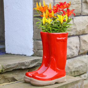 Large Red Green Wellington Outdoor Boot Ceramic Flower Pot Garden Planter Pot Gift for Gardeners