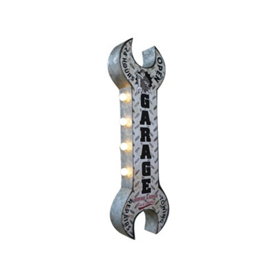 Large Retro Metal Spanner Shape Light Up Sign - Garage