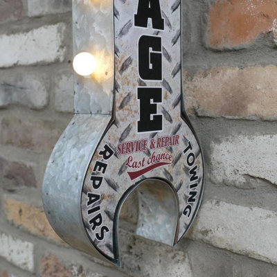 Large Retro Metal Spanner Shape Light Up Sign - Garage