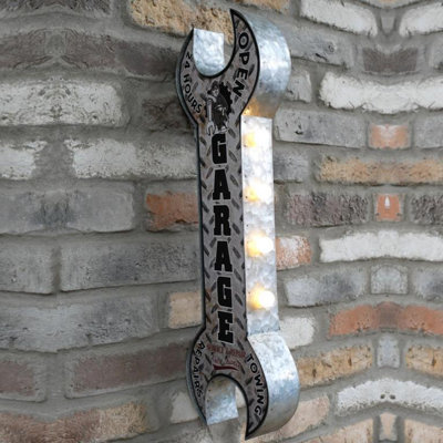 Large Retro Metal Spanner Shape Light Up Sign - Garage