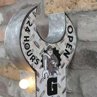 Large Retro Metal Spanner Shape Light Up Sign - Garage