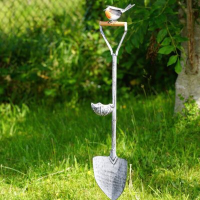 Large Robin on Spade Bird Feeder Bath Outdoor Metal Garden Ornament British Bird Sculpture