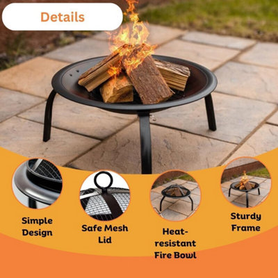 Large Round Iron Fire Pit for Garden with foldable Legs Wood Burner ...