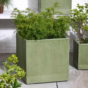 Large Sage Green Ribbed Finish Fibre Clay Indoor Outdoor Garden Plant Pots Houseplant Flower Planter