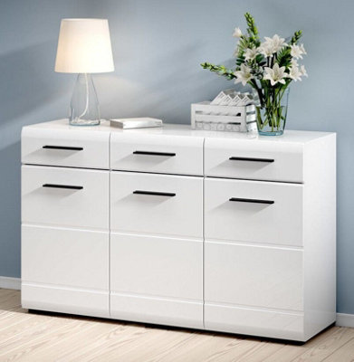 Large Sideboard Cabinet 1Door Drawers Black Accents White High Gloss Fever