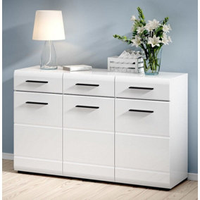 Large Sideboard Cabinet 1Door Drawers Black Accents White High Gloss Fever