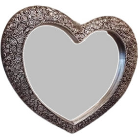 Large Silver Heart Mirror Antique Style 67x58cm
