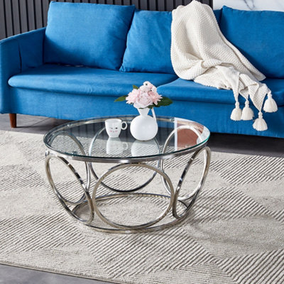 Large Silver Round Glass Coffee Table with Circle Base