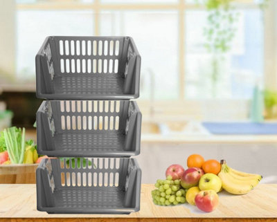 Large Silver Stacking Storage Baskets 3 Tier Kitchen Home Office