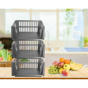 Large Silver Stacking Storage Baskets 3 Tier Kitchen Home Office