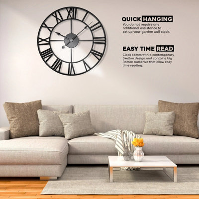 Large Skeleton Metal Roman Wall Clock Big Numerals Giant Round Open ...