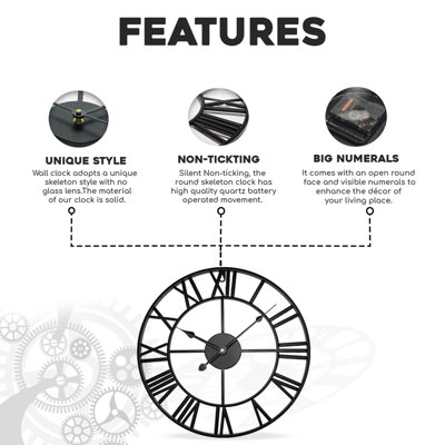 Large Skeleton Metal Roman Wall Clock Big Numerals Giant Round Open ...