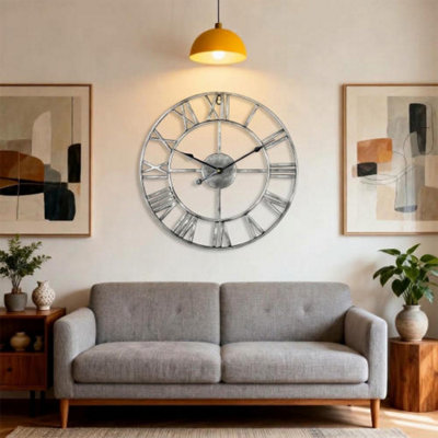 Large Skeleton Metal Roman Wall Clock Big Numerals Giant Round Open ...