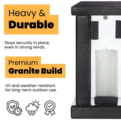 Large Square Granite Memorial Grave Lantern (22cm) - Black Graveside Memorial Gift - Funeral Cemetery Decoration - Grave Ornaments