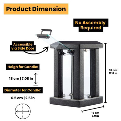 Large Square Granite Memorial Grave Lantern (22cm) - Black Graveside Memorial Gift - Funeral Cemetery Decoration - Grave Ornaments - 3