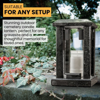 Large Square Granite Memorial Grave Lantern (22cm) - Black Graveside Memorial Gift - Funeral Cemetery Decoration - Grave Ornaments - 5