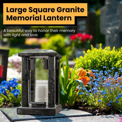 Large Square Granite Memorial Grave Lantern (22cm) - Black Graveside Memorial Gift - Funeral Cemetery Decoration - Grave Ornaments - 6