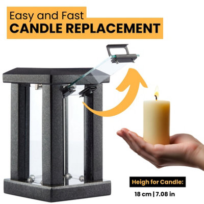 Large Square Granite Memorial Grave Lantern (32cm) - Black Graveside Memorial Gift - Funeral Cemetery Decoration - Grave Ornaments - 7