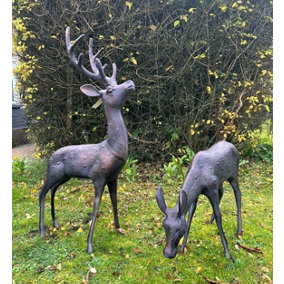 Large Stag and Doe Deer Garden Sculptures cast Aluminium with aged finish