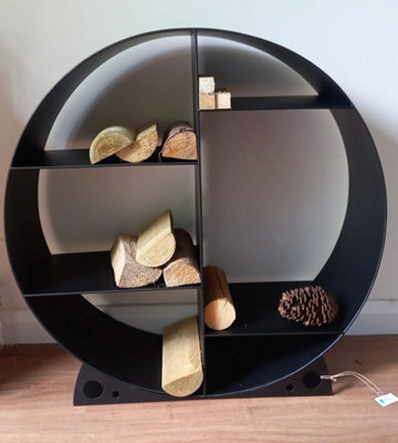 Large Steel Round Log Store & Shelves Metal Log Holder Log Storage in Black 80cm