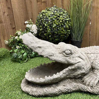 Large Stone Cast Crocodile Ornament with Mouth Open