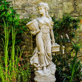 Large Stone Cast Lady Carrying Basket Garden Statue