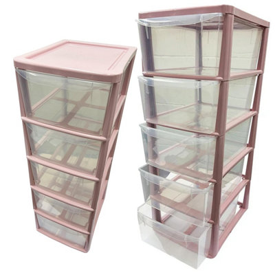 Large Tall Pink 5 Drawer Storage Tower Unit For Home Office & Schools