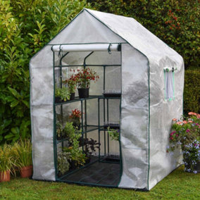 Large Walk In Greenhouse with PE Cover, 3 Tier with 12 Shelves, Roll Up Door & Netted Windows for Temperature Control