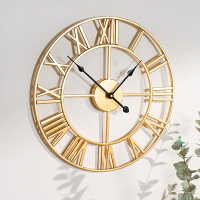 Large Wall Clock Roman Numerals Skeleton Big Open Round Face, Gold