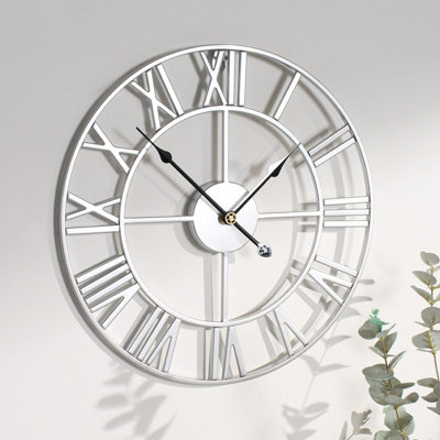 Large Wall Clock Roman Numerals Skeleton Big Open Round Face, Silver